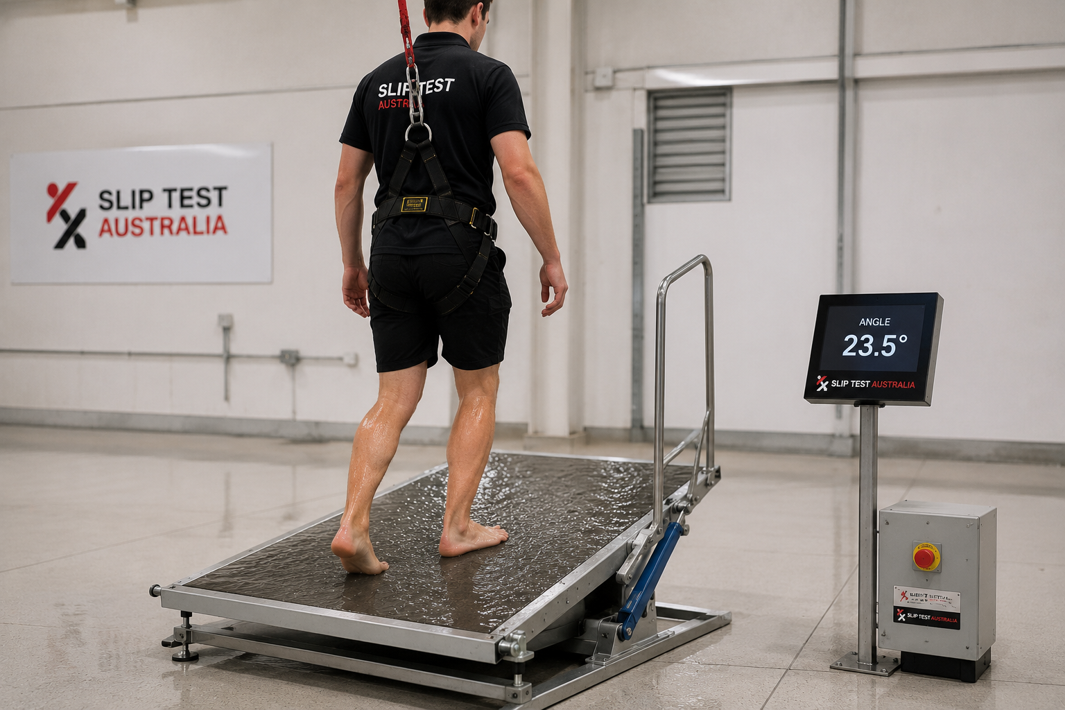 Wet barefoot inclining platform slip test